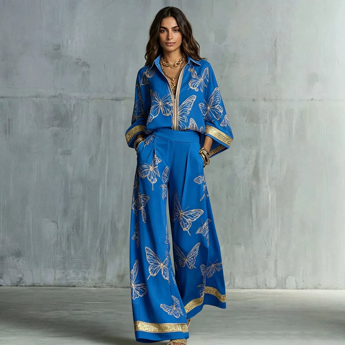 Conjunto Feminino de Camisa Estampada Oversized e Calça, Blusa de Manga Longa com Lapela, Calça de Cintura Alta Elástica e Perna Larga, Conjunto de Duas Peças Feminino