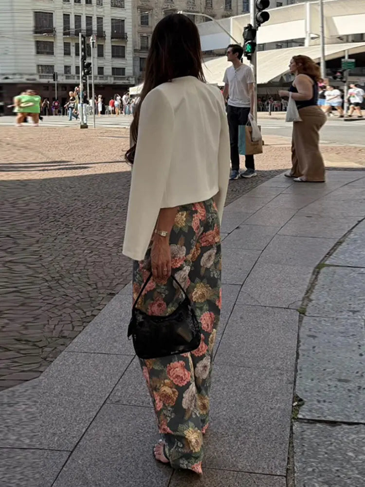 Calça Jeans Feminina Vintage 2026 com Estampa Floral, Cintura Alta, Perna Larga Solta, Reta, Estilo Retrô com Efeito de Pintura a Óleo, Casual Streetwear