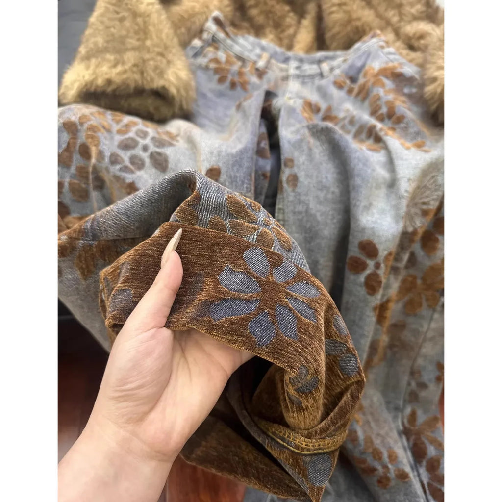 Calças Jeans Femininas Largas com Estampa Floral Retro Americana, Tamanho Plus, Calças de Denim para Outono e Inverno, Comprimento até o Chão