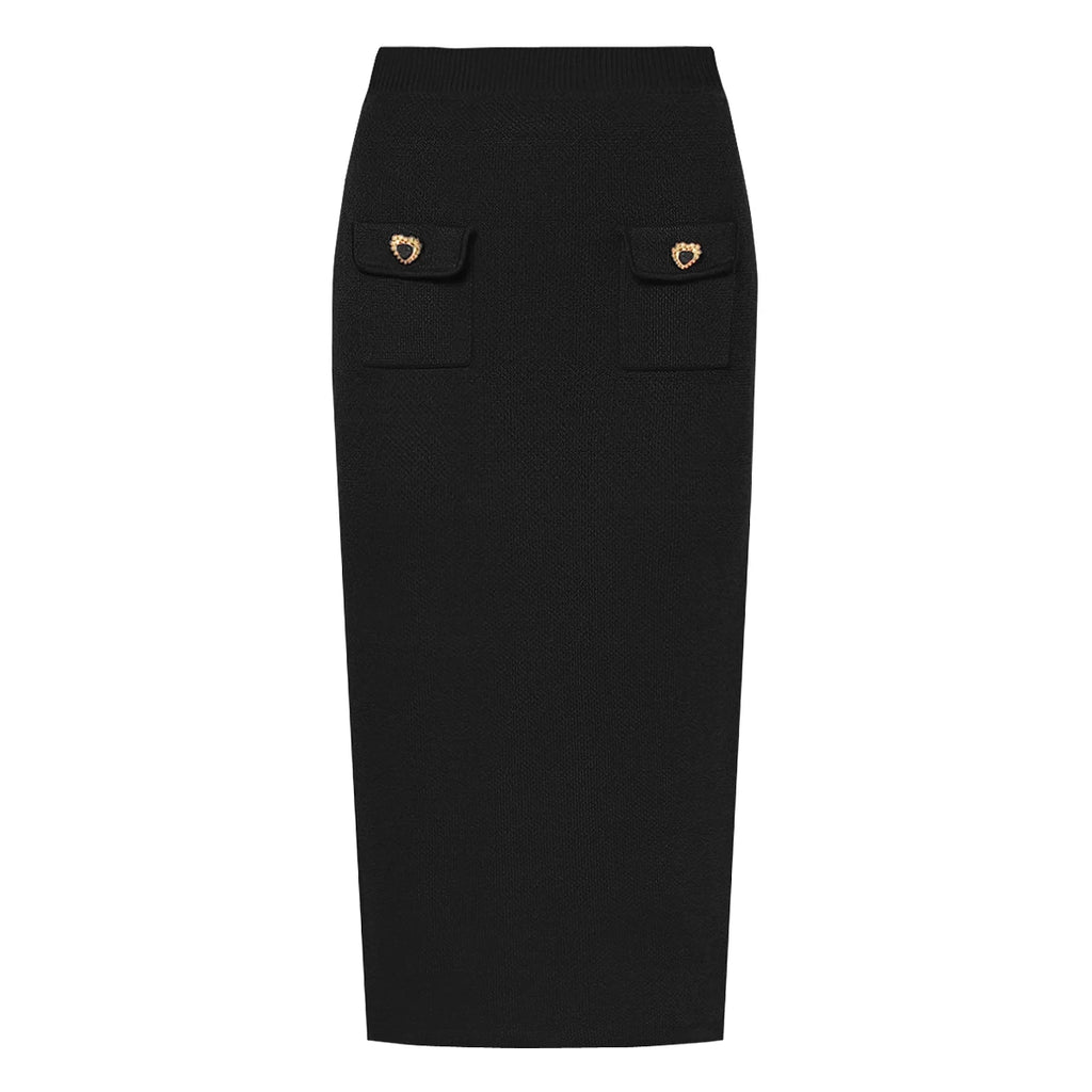 Alta qualidade nova moda elástica de malha em torno do pescoço em forma de coração botão cardigan fino ajuste meia saia conjunto feminino
