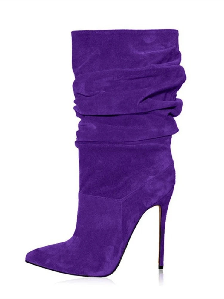 2025 moda dedo do pé apontado plissado salto stiletto joelho botas altas elásticas plus size botas de vestido feminino para escritório & festa à noite