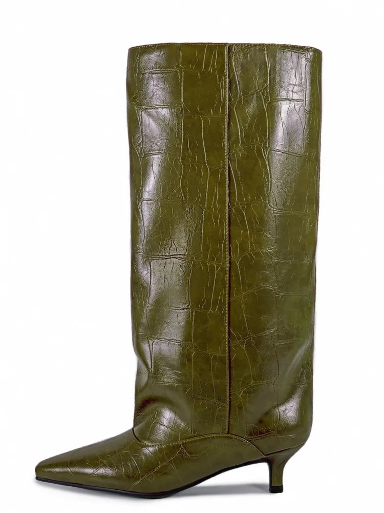 Botas Femininas de Cano Médio com Salto Baixo Pontudo 2026, Botas de Cano Alto da Moda com Salto Fino, Tamanhos Grandes 35-45