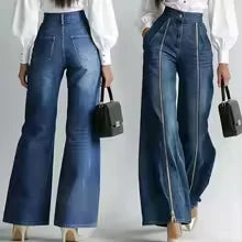 Calças Jeans Femininas de Cintura Alta Estilo INS com Zíper Dourado, Perna Larga, Corte Reto, Modernas, Casuais, Soltas e com Bolsos Inclinados