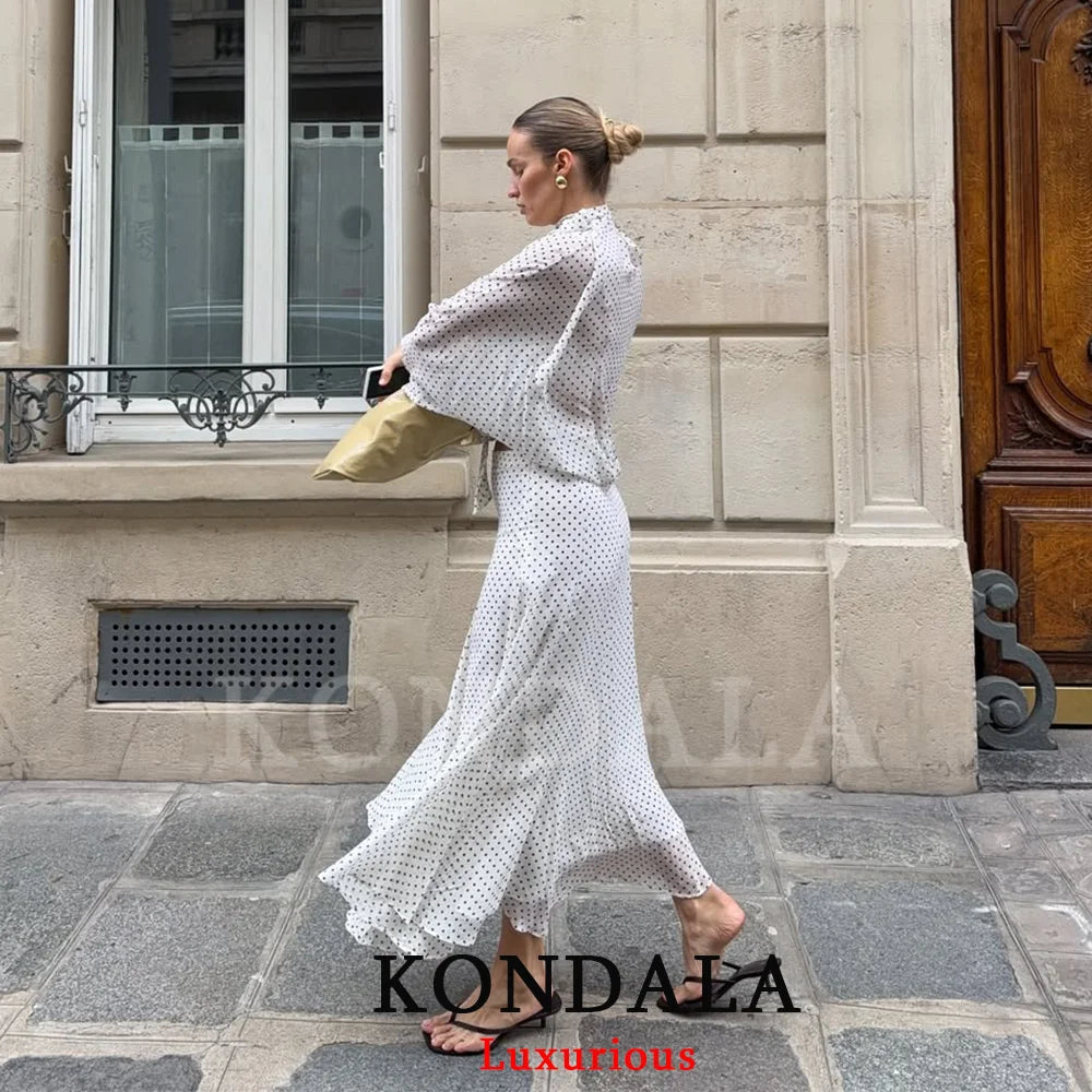 Conjuntos Femininos KONDALA Vintage com Poás, Blusas Soltas de Chiffon com Laço e Saias Longas Soltas, Moda Primavera Verão 2026, Trajes para Férias