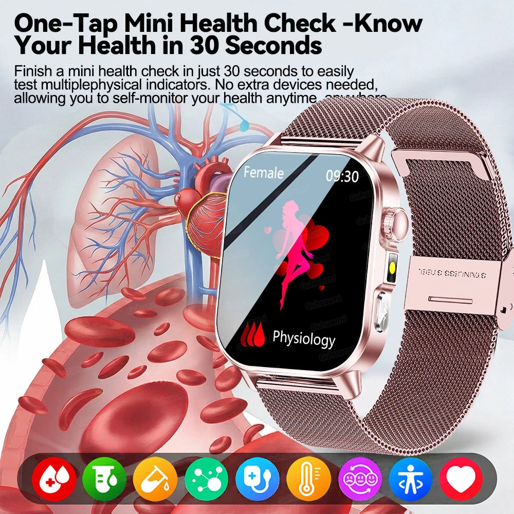 Smartwatch Feminino 2026 de Moda e Saúde com Tela AMOLED de 2.0", ECG, Exame Físico, Medição de Gordura, Ácido Úrico, Frequência Cardíaca e Chamada Bluetooth
