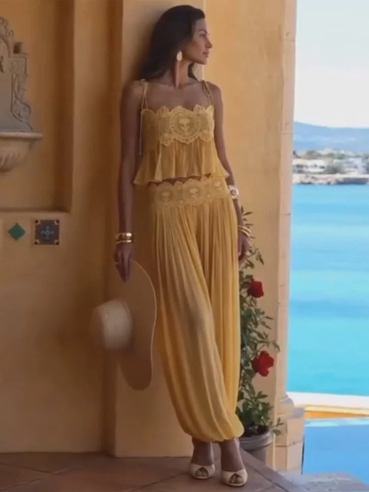Conjunto de 2 Peças Feminino Sexy de Renda e Cetim: Blusas Regata Justas Sem Manga e Calças Longas de Perna Larga - Novo Lançamento 2026 para o Verão e Férias