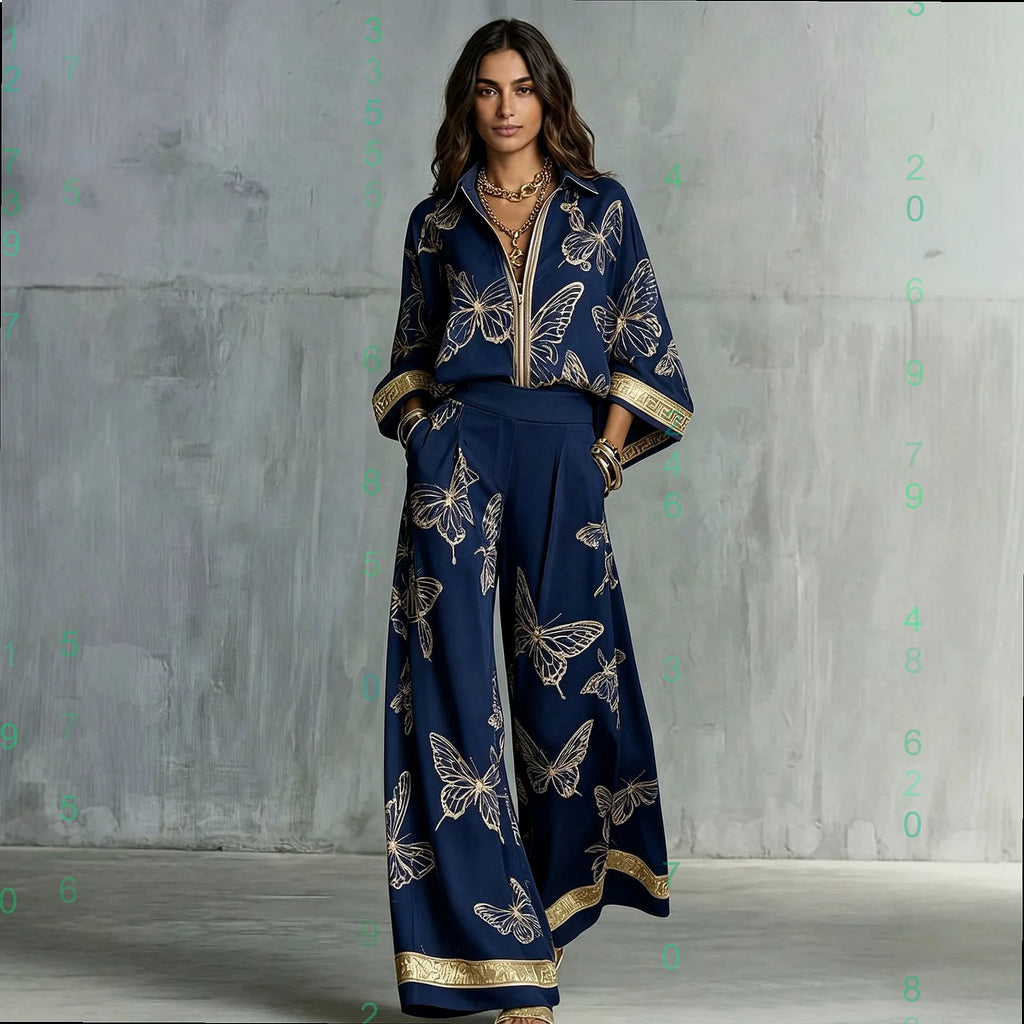 Conjunto Feminino de Camisa Estampada Oversized e Calça, Blusa de Manga Longa com Lapela, Calça de Cintura Alta Elástica e Perna Larga, Conjunto de Duas Peças Feminino