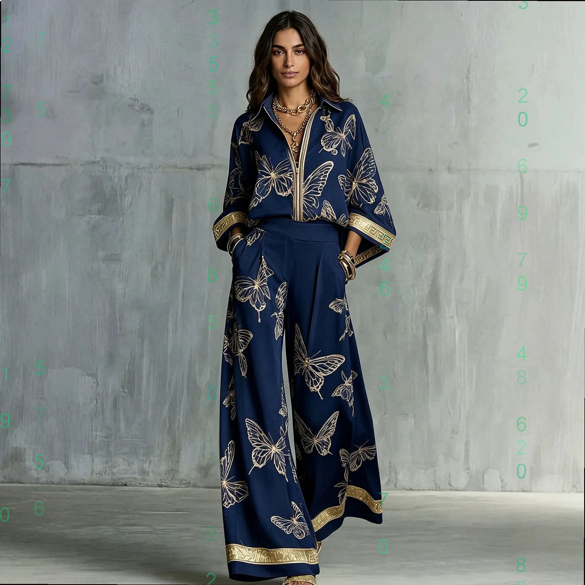Conjunto Feminino de Camisa Estampada Oversized e Calça, Blusa de Manga Longa com Lapela, Calça de Cintura Alta Elástica e Perna Larga, Conjunto de Duas Peças Feminino