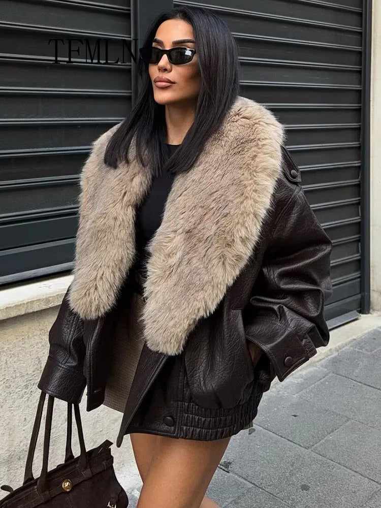 Tfmln 2025 inverno feminino solto jaqueta de couro falso moda removida grande gola de pele casaco causal high street duplo breasted outwear