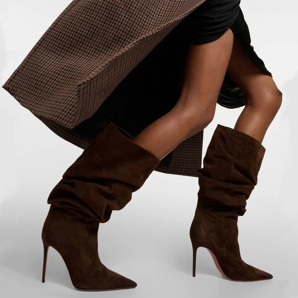 Botas Curtas Plissadas de Salto Alto com Bico Fino para Mulheres, Coleção Outono/Inverno 2026, Tamanhos Grandes 35-47