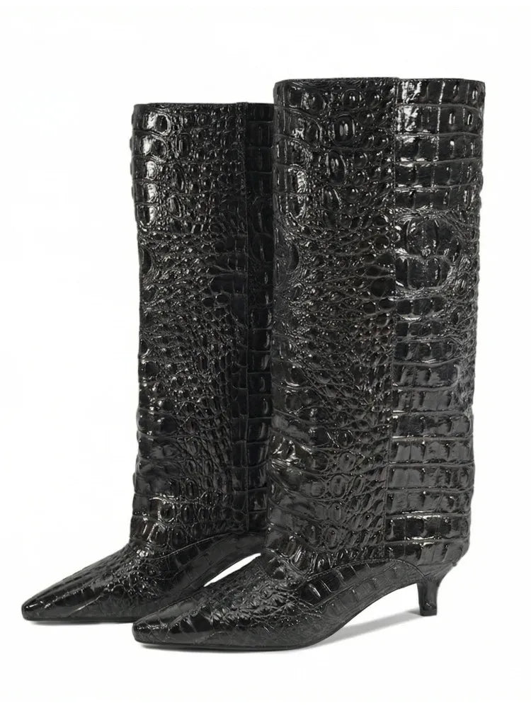 Botas Femininas de Cano Médio com Salto Baixo Pontudo 2026, Botas de Cano Alto da Moda com Salto Fino, Tamanhos Grandes 35-45