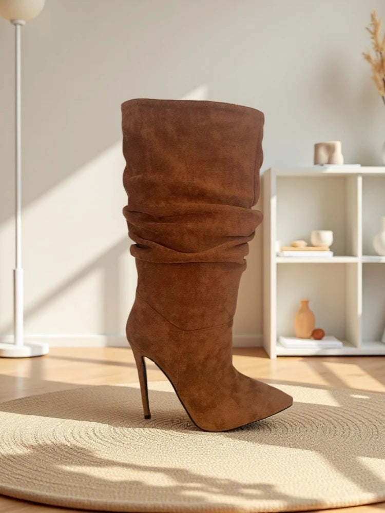 2025 moda dedo do pé apontado plissado salto stiletto joelho botas altas elásticas plus size botas de vestido feminino para escritório & festa à noite