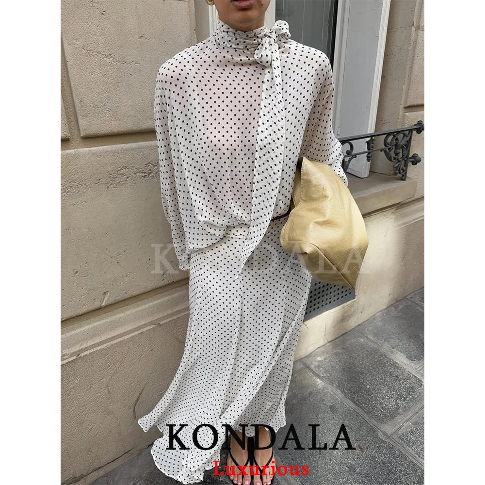 Conjuntos Femininos KONDALA Vintage com Poás, Blusas Soltas de Chiffon com Laço e Saias Longas Soltas, Moda Primavera Verão 2026, Trajes para Férias