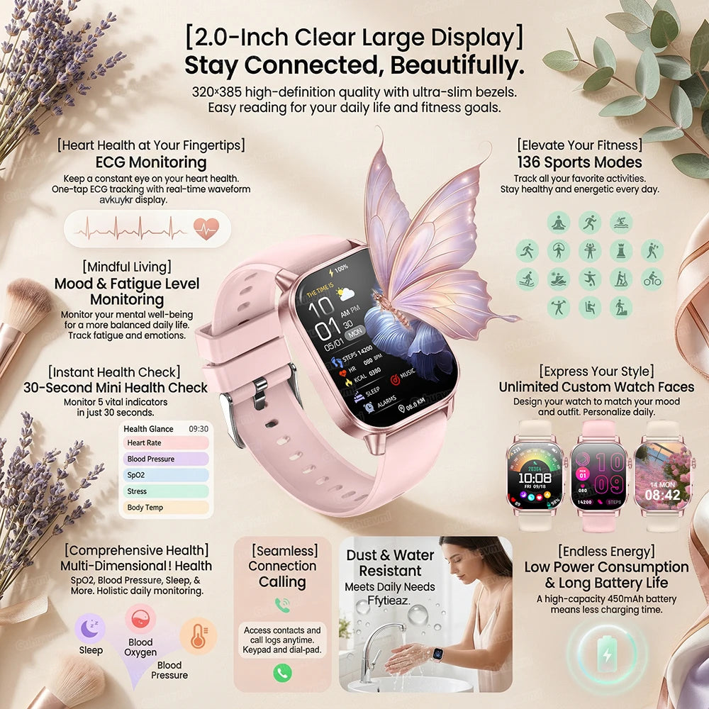 Smartwatch Feminino 2026 de Moda e Saúde com Tela AMOLED de 2.0", ECG, Exame Físico, Medição de Gordura, Ácido Úrico, Frequência Cardíaca e Chamada Bluetooth