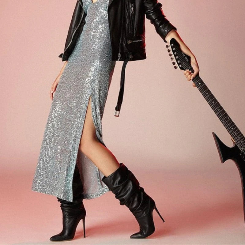 2025 moda dedo do pé apontado plissado salto stiletto joelho botas altas elásticas plus size botas de vestido feminino para escritório & festa à noite