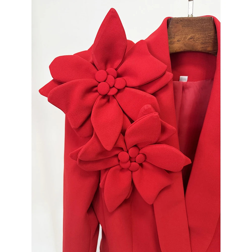 Conjunto de Terno Feminino de Designer da Moda 2026 HIGH STREET, Jaqueta com Flores Tridimensionais e Calças, 2 Peças