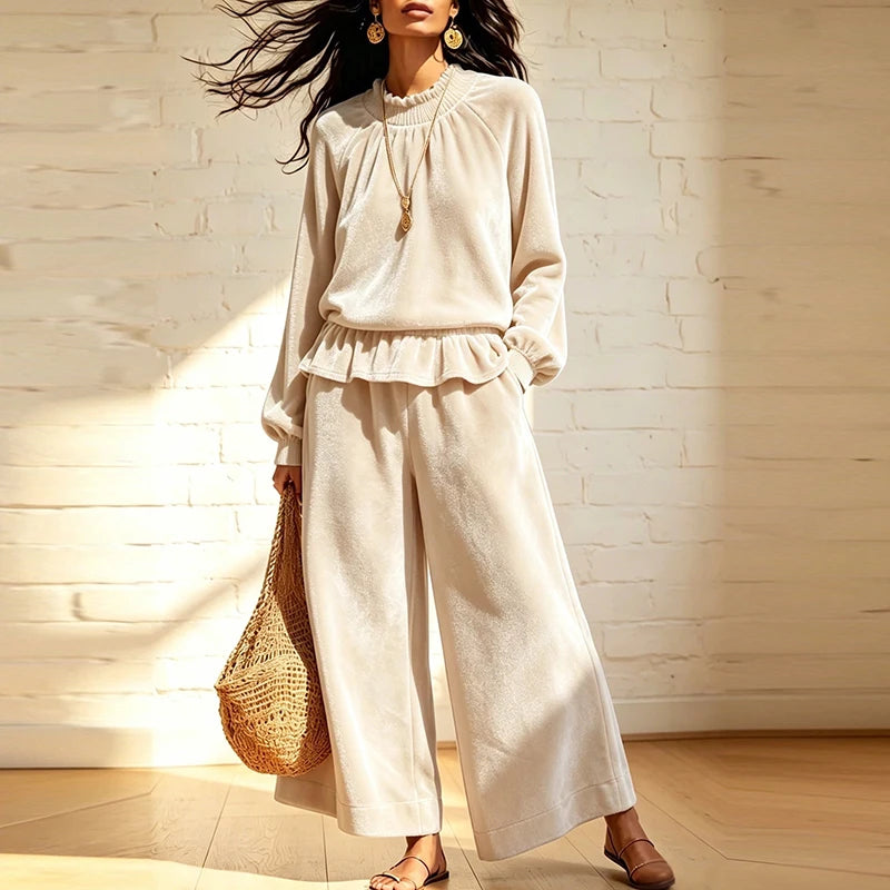 Conjunto de Duas Peças Feminino de Moda para Outono Inverno: Camisa de Veludo de Manga Longa com Gola de Babados e Calças de Cintura Alta com Bolsos e Pernas Largas