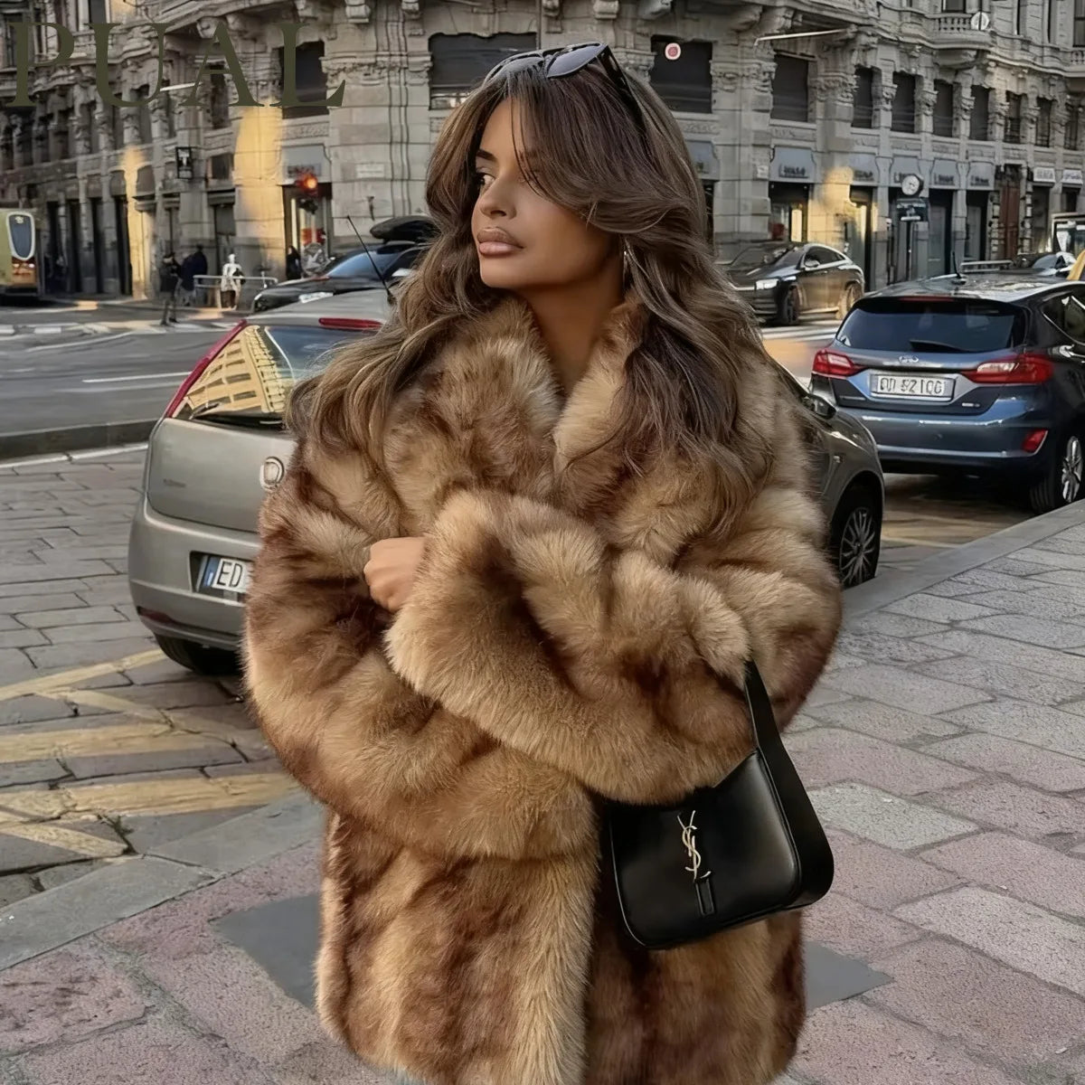 Pual marca de luxo moda feminina amarelo listrado jaqueta de pele do falso casaco chique meninas 2025 inverno oversized quente outerwear casaco