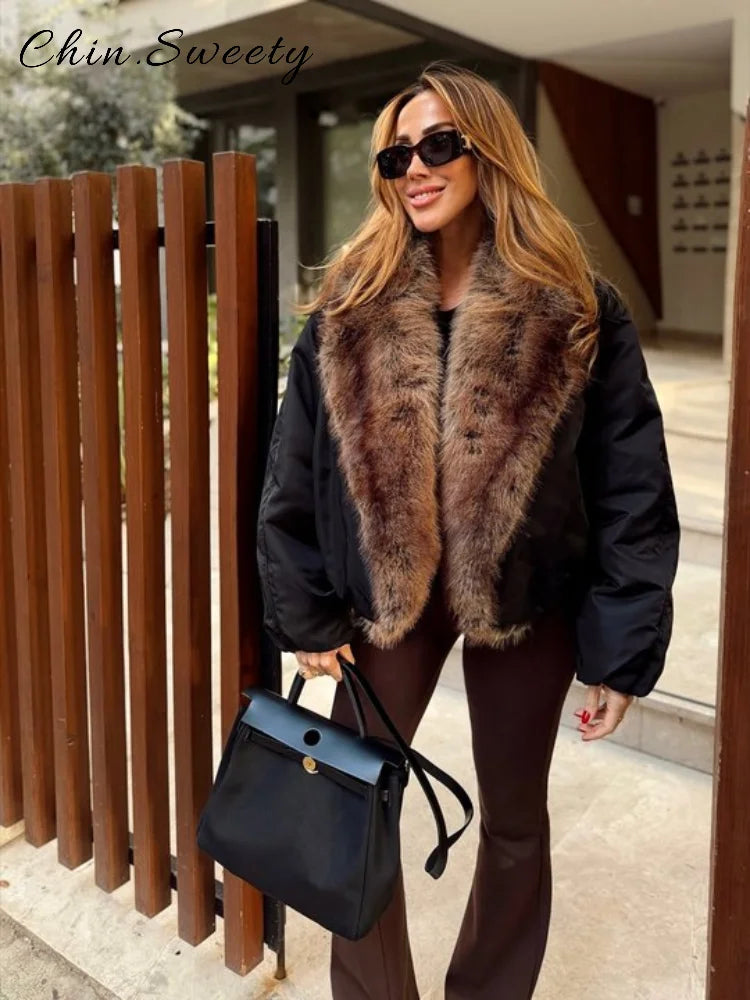 Quente pele do falso emendado casacos de algodão feminino solto lapela manga longa bolsos engrossar jaqueta feminina 2025 inverno senhora chique outwear novo