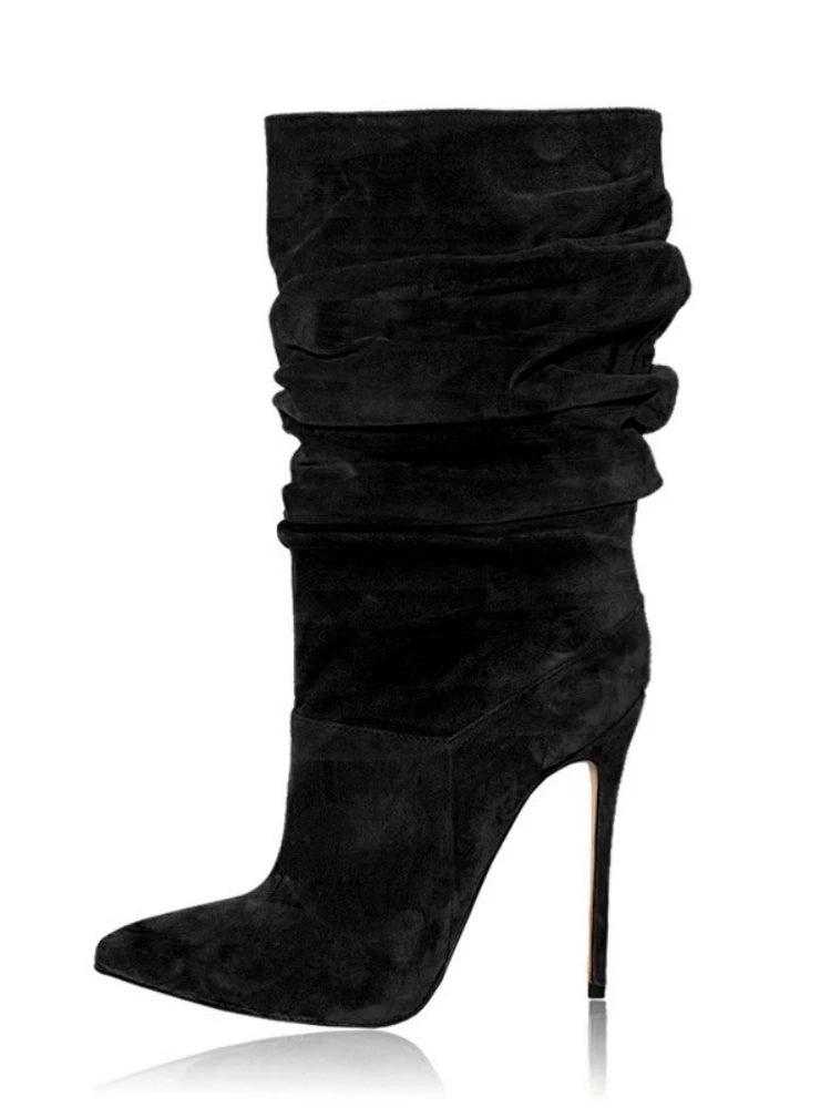 2025 moda dedo do pé apontado plissado salto stiletto joelho botas altas elásticas plus size botas de vestido feminino para escritório & festa à noite