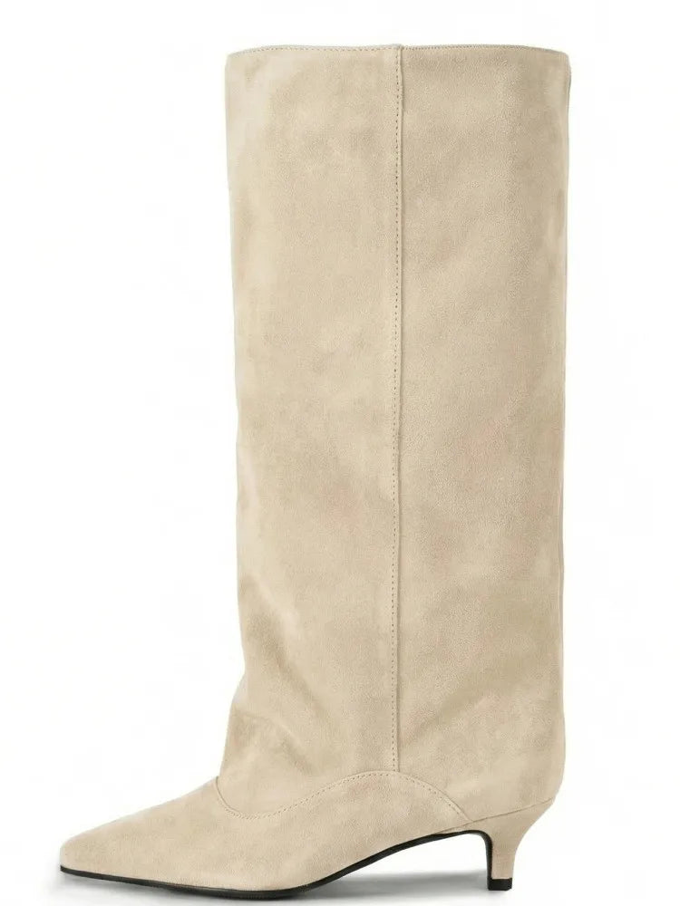 Botas Femininas de Cano Médio com Salto Baixo Pontudo 2026, Botas de Cano Alto da Moda com Salto Fino, Tamanhos Grandes 35-45
