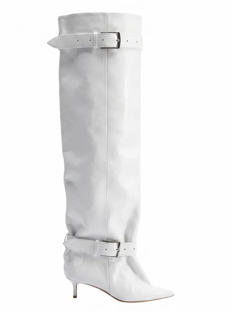 Novas Botas Femininas Acima do Joelho com Salto Fino Pontiagudo, Fivela de Cinto e Cano Largo para Desfile de Moda, Tamanhos 35-46, Botas Femininas Acima da Coxa