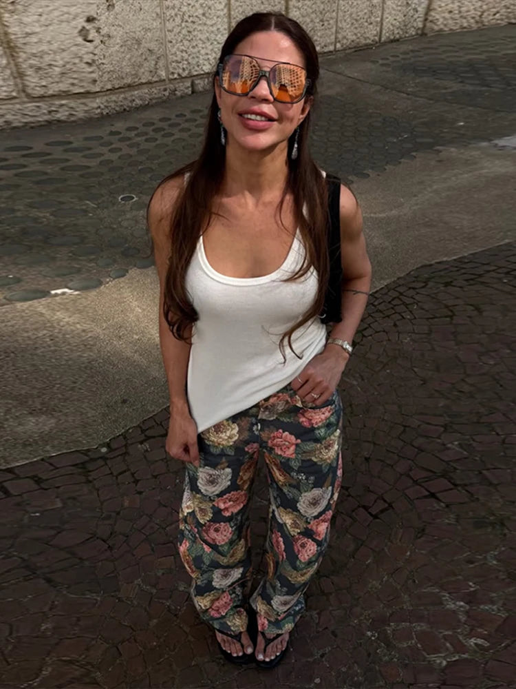 Calça Jeans Feminina Vintage 2026 com Estampa Floral, Cintura Alta, Perna Larga Solta, Reta, Estilo Retrô com Efeito de Pintura a Óleo, Casual Streetwear