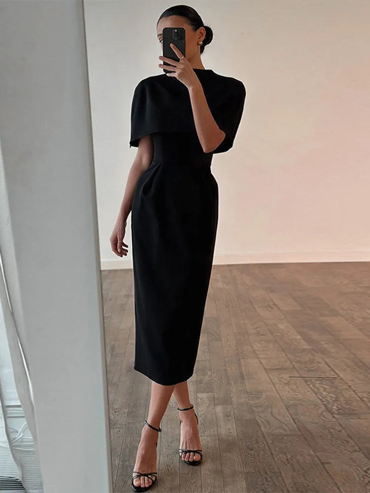 Conjunto Feminino Elegante de 2 Peças: Vestido Sólido com Gola Xale e Blusa de Manga Curta, Cintura Ajustada, Modelo Slim - Coleção Primavera Verão 2026