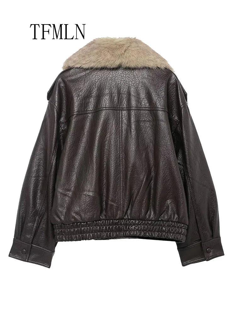 Tfmln 2025 inverno feminino solto jaqueta de couro falso moda removida grande gola de pele casaco causal high street duplo breasted outwear