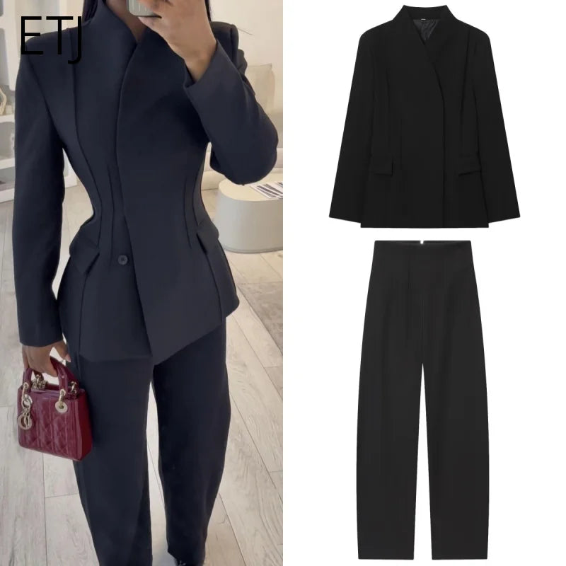 ETJ 2025 novo design de moda feminina corte tridimensional gola alta jaqueta de terno fino e calças casuais combinando
