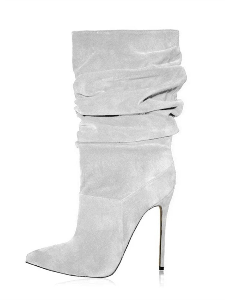 2025 moda dedo do pé apontado plissado salto stiletto joelho botas altas elásticas plus size botas de vestido feminino para escritório & festa à noite