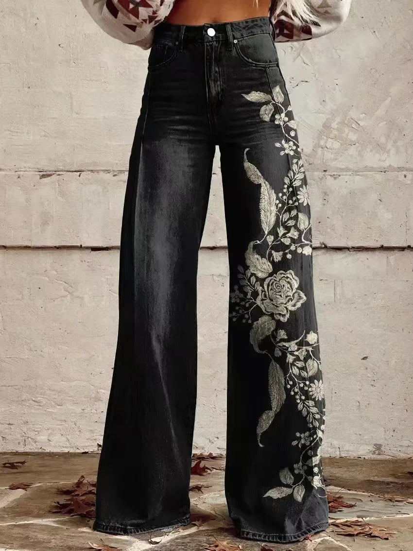 Calça jeans feminina estampada 3D, calça larga de poliéster com aparência vintage desgastada, cintura alta, ajuste confortável para moda urbana