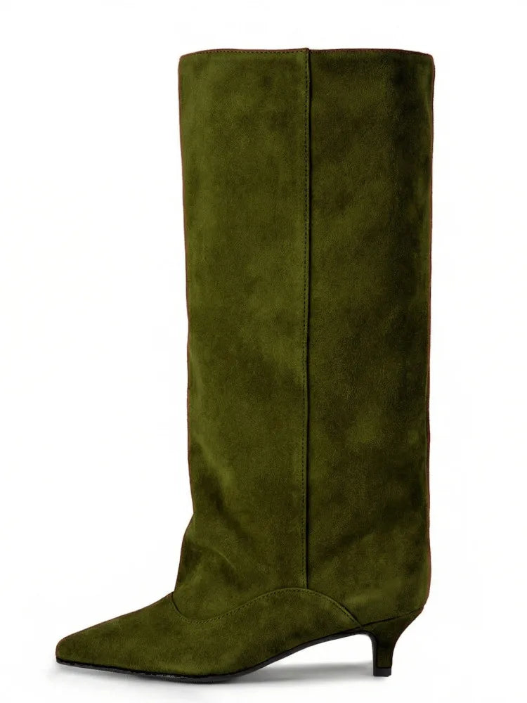 Botas Femininas de Cano Médio com Salto Baixo Pontudo 2026, Botas de Cano Alto da Moda com Salto Fino, Tamanhos Grandes 35-45