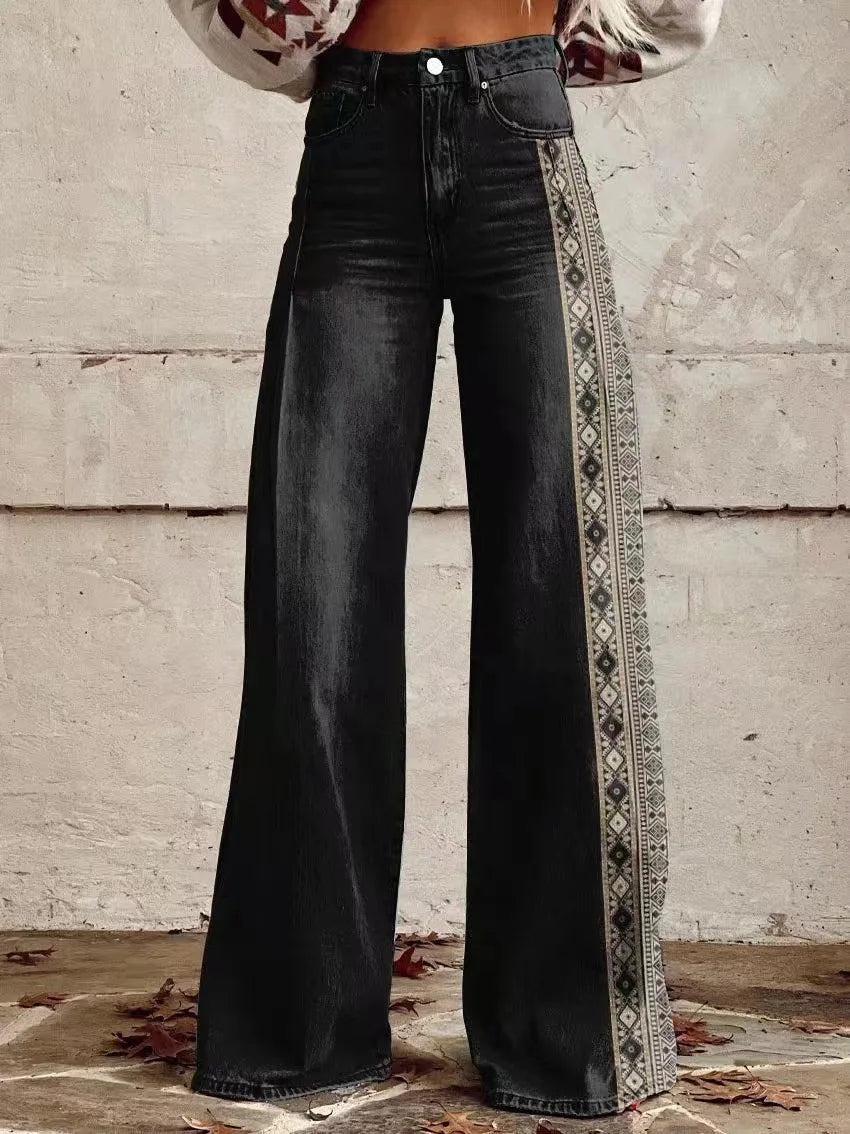 Calça jeans feminina estampada 3D, calça larga de poliéster com aparência vintage desgastada, cintura alta, ajuste confortável para moda urbana