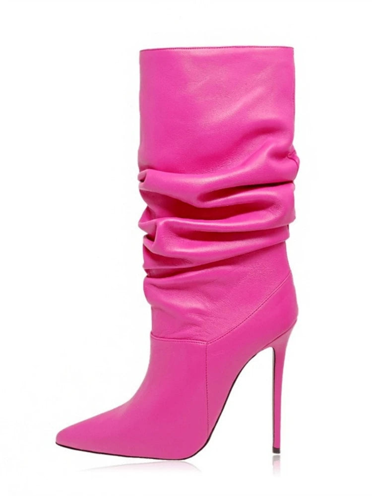 2025 moda dedo do pé apontado plissado salto stiletto joelho botas altas elásticas plus size botas de vestido feminino para escritório & festa à noite