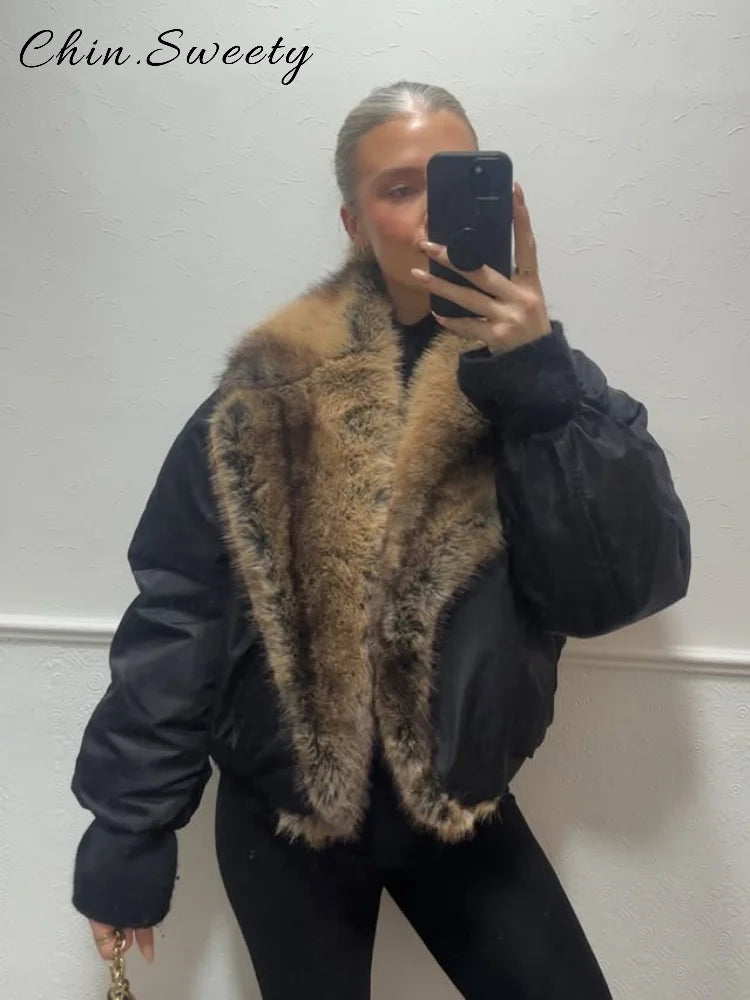 Quente pele do falso emendado casacos de algodão feminino solto lapela manga longa bolsos engrossar jaqueta feminina 2025 inverno senhora chique outwear novo