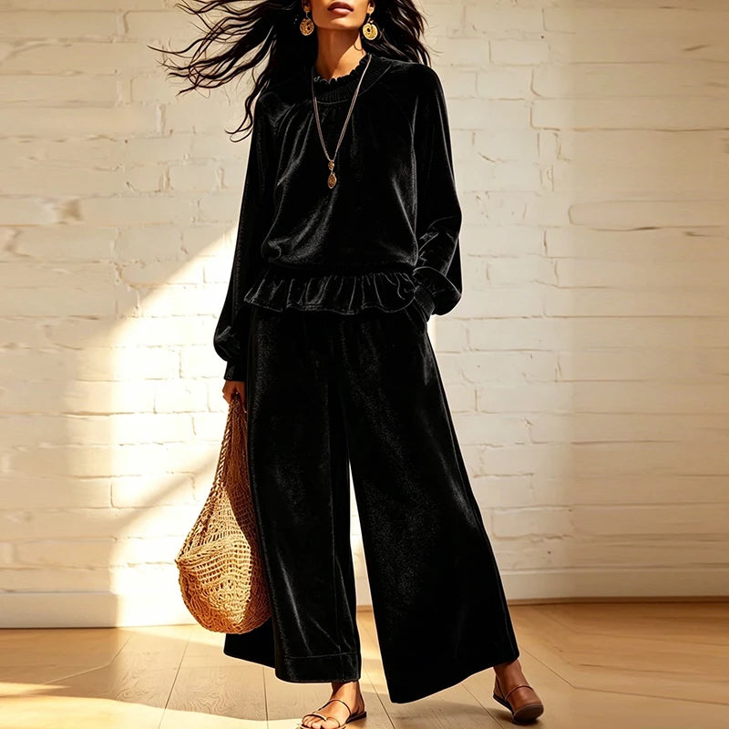 Conjunto de Duas Peças Feminino de Moda para Outono Inverno: Camisa de Veludo de Manga Longa com Gola de Babados e Calças de Cintura Alta com Bolsos e Pernas Largas