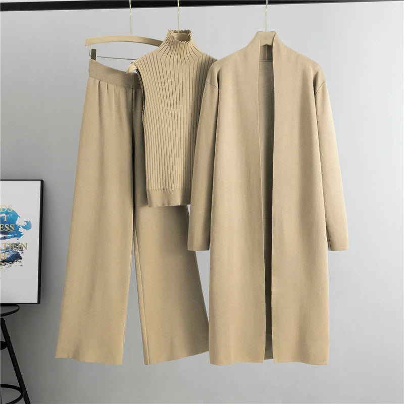 Conjunto Feminino Elegante de Tricô 3 Peças para Inverno e Outono 2026: Cardigã, Suéter e Calça Pantalona