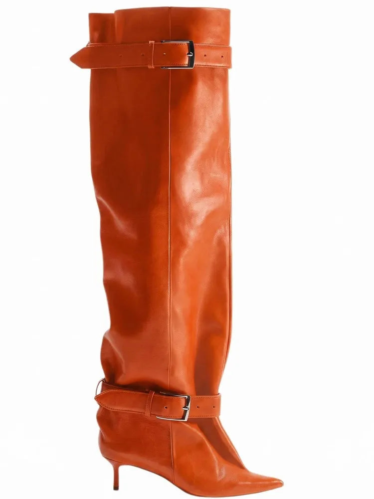 Novas Botas Femininas Acima do Joelho com Salto Fino Pontiagudo, Fivela de Cinto e Cano Largo para Desfile de Moda, Tamanhos 35-46, Botas Femininas Acima da Coxa