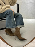Botas Femininas Retrô de Camurça com Salto Fino e Bico Fino, Estilo Francês, para Escritório, Outono Inverno