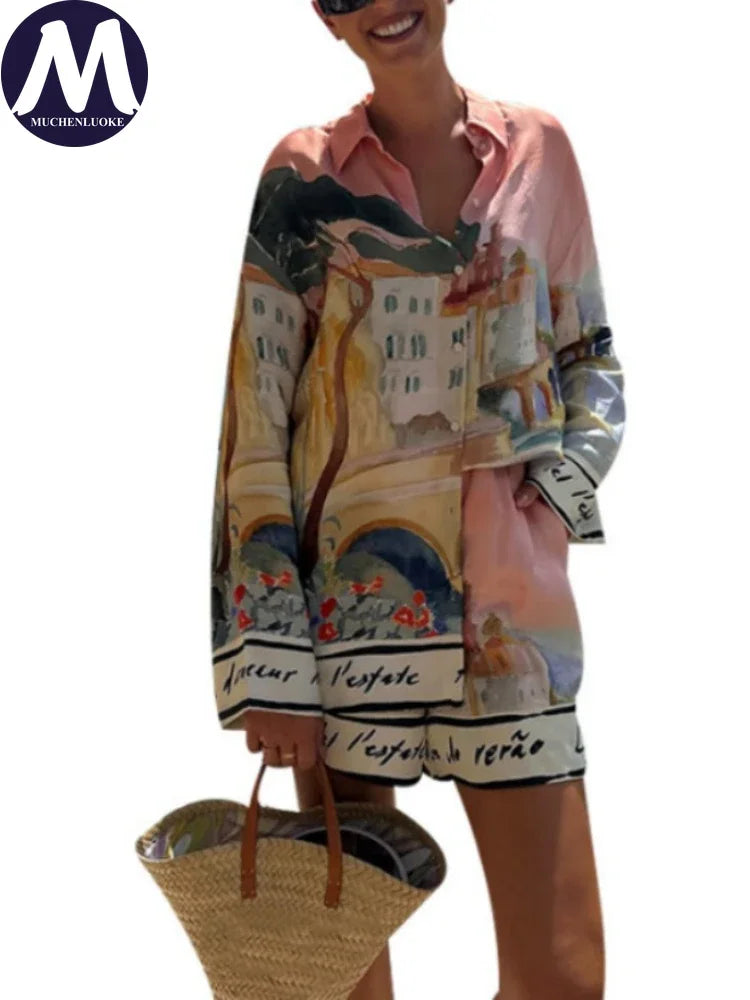 Conjunto Feminino de Verão 2 Peças: Blusa Elegante Estampada de Manga Longa com Shorts de Praia Soltos e Modernos