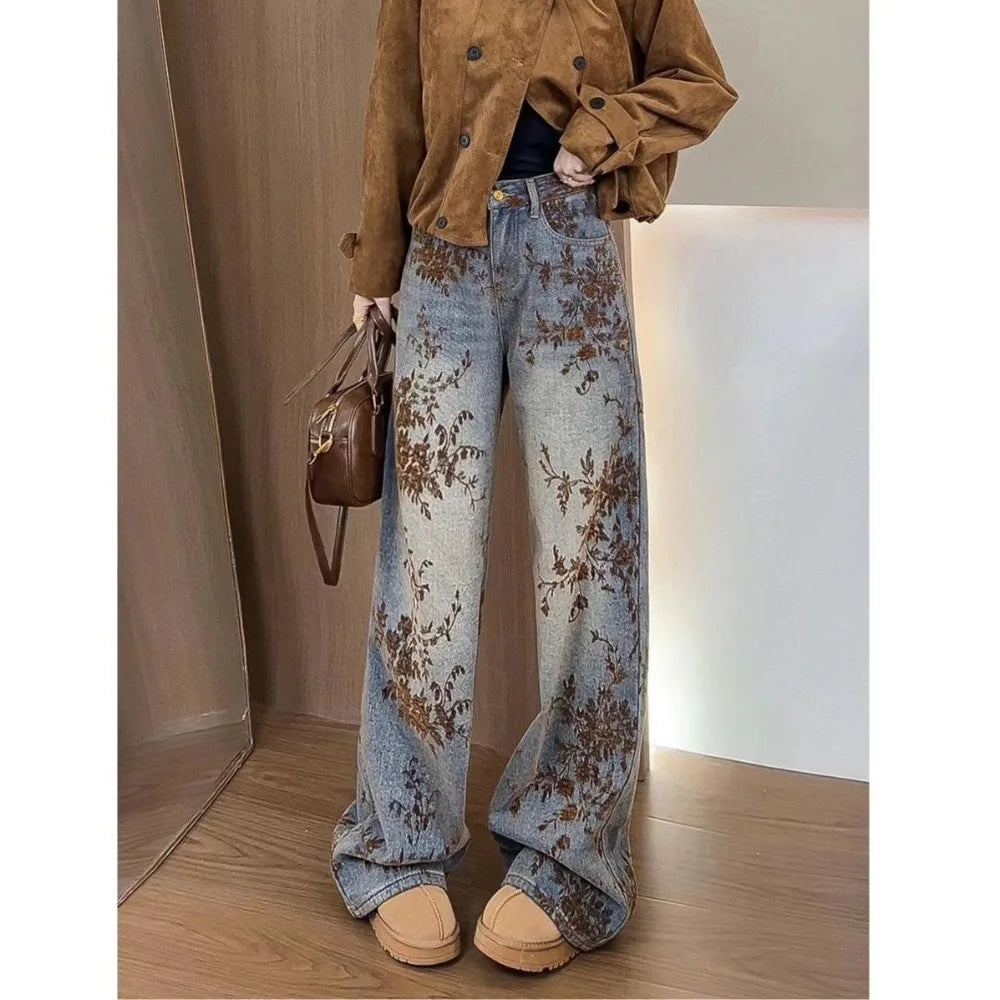 Calça Jeans Feminina de Perna Larga com Jacquard Flocado - Novo Estilo Inverno 2025, Cintura Alta, Efeito Emagrecedor, Perna Reta