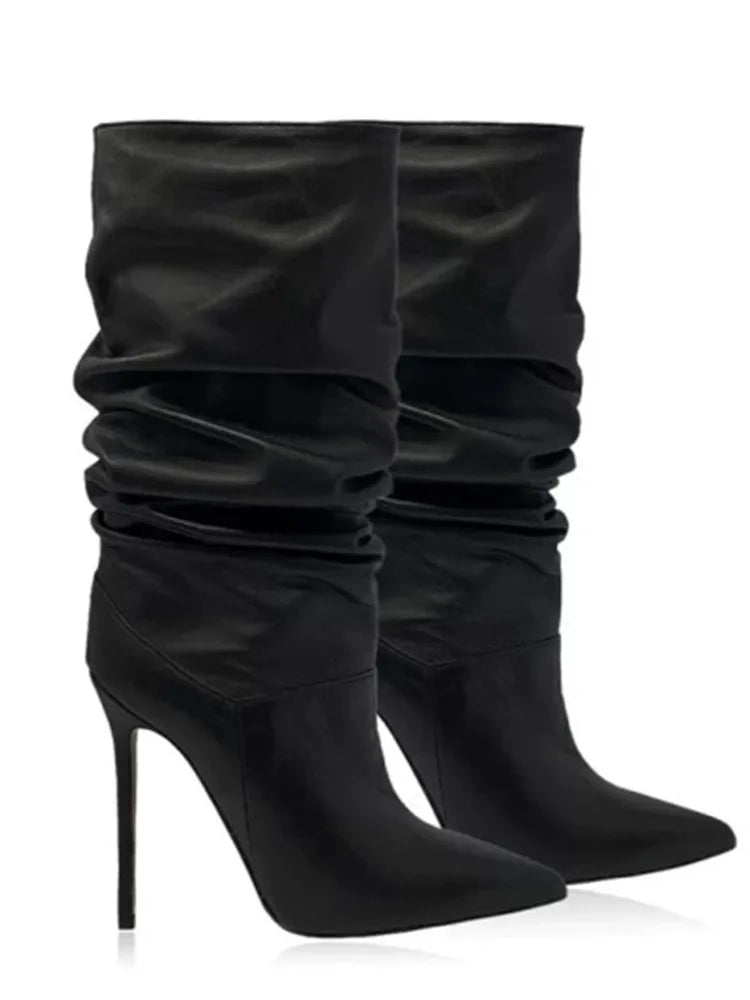 Botas Curtas Plissadas de Salto Alto com Bico Fino para Mulheres, Coleção Outono/Inverno 2026, Tamanhos Grandes 35-47