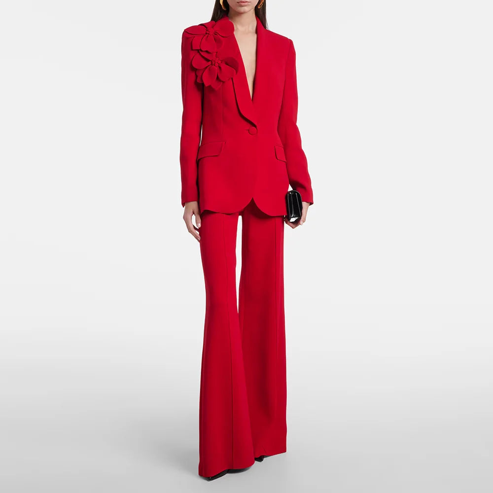 Conjunto de Terno Feminino de Designer da Moda 2026 HIGH STREET, Jaqueta com Flores Tridimensionais e Calças, 2 Peças
