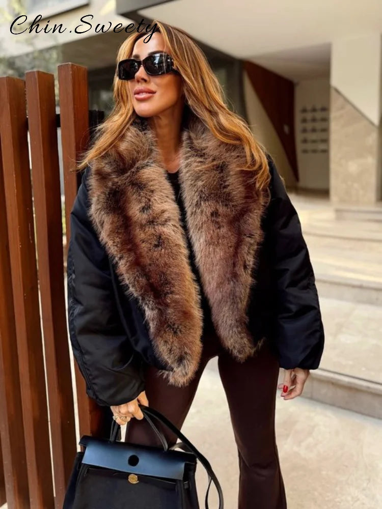 Quente pele do falso emendado casacos de algodão feminino solto lapela manga longa bolsos engrossar jaqueta feminina 2025 inverno senhora chique outwear novo