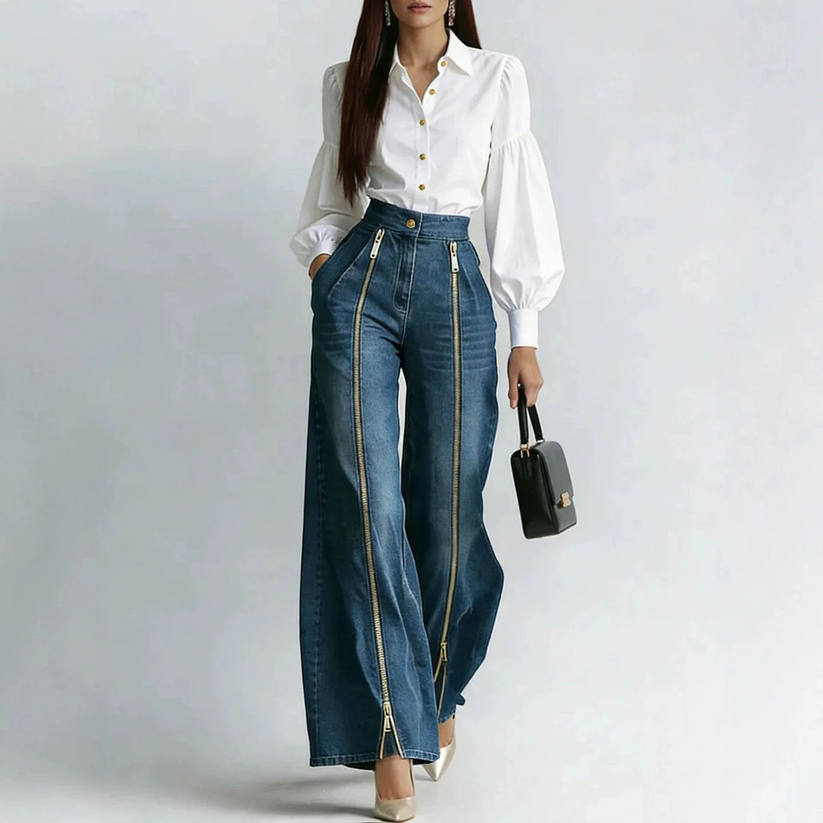 Calças Jeans Femininas de Cintura Alta Estilo INS com Zíper Dourado, Perna Larga, Corte Reto, Modernas, Casuais, Soltas e com Bolsos Inclinados