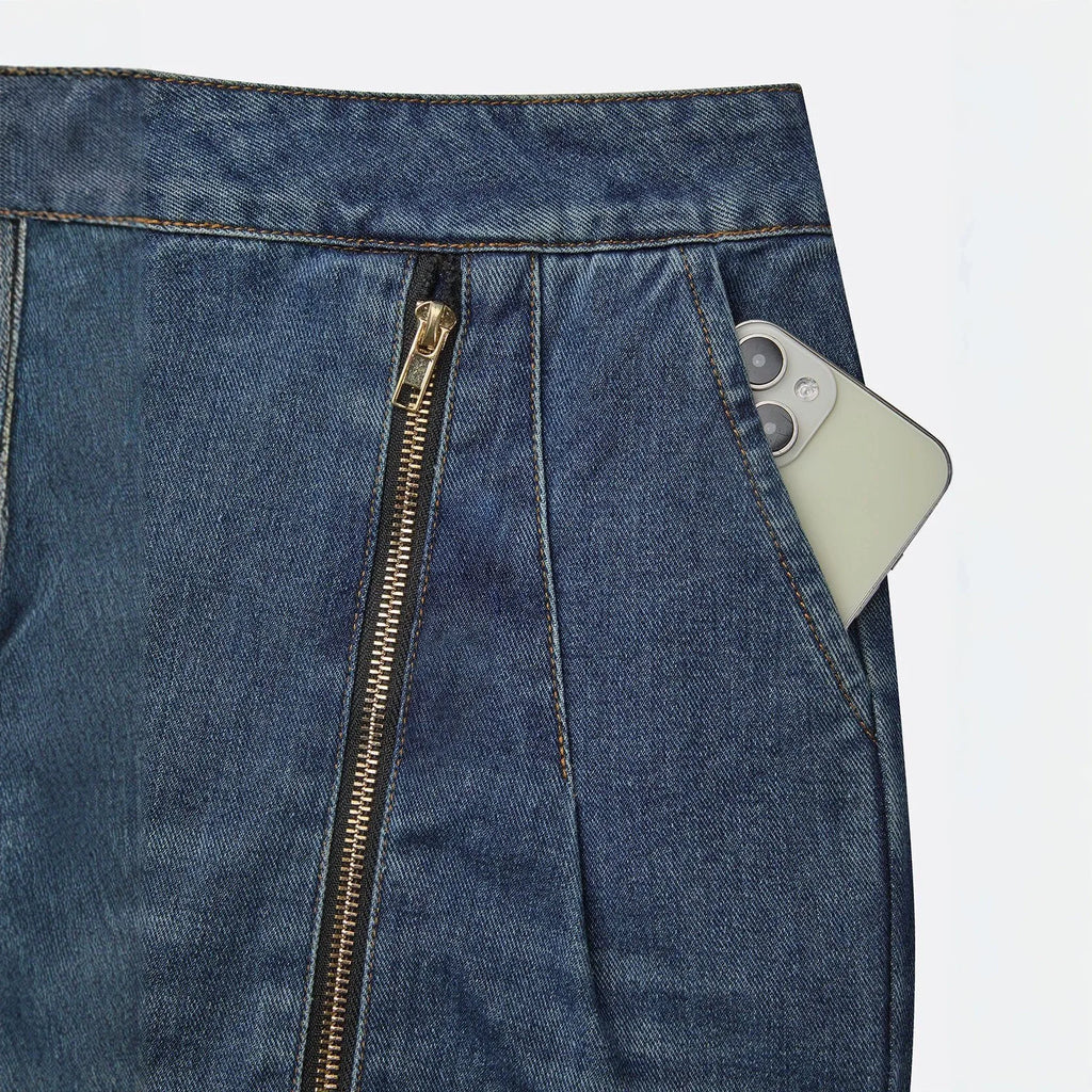 Calças Jeans Femininas de Cintura Alta Estilo INS com Zíper Dourado, Perna Larga, Corte Reto, Modernas, Casuais, Soltas e com Bolsos Inclinados