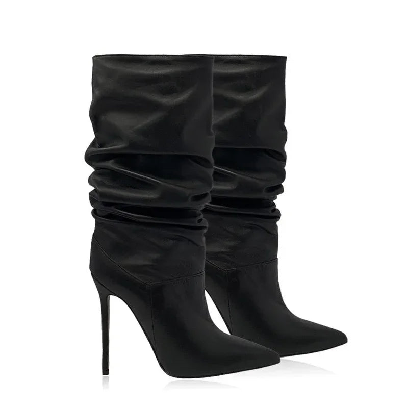 2025 moda dedo do pé apontado plissado salto stiletto joelho botas altas elásticas plus size botas de vestido feminino para escritório & festa à noite