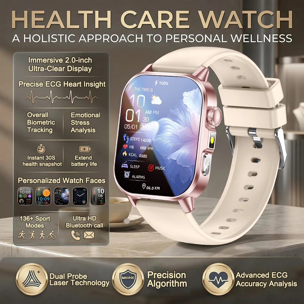 Smartwatch Feminino 2026 de Moda e Saúde com Tela AMOLED de 2.0", ECG, Exame Físico, Medição de Gordura, Ácido Úrico, Frequência Cardíaca e Chamada Bluetooth