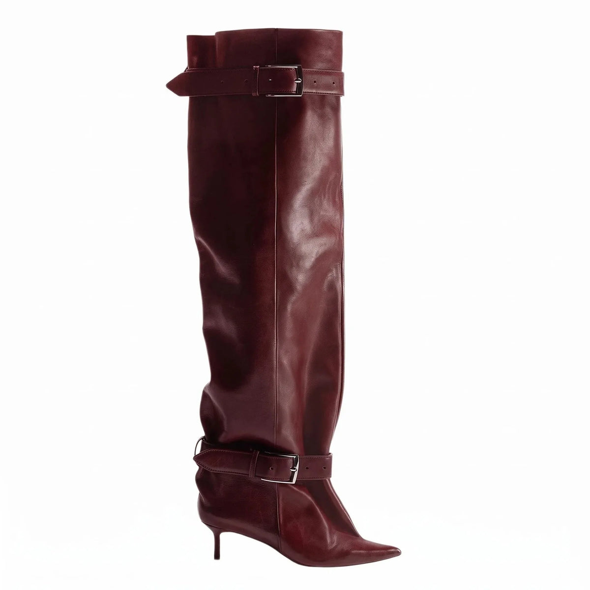 Novas Botas Femininas Acima do Joelho com Salto Fino Pontiagudo, Fivela de Cinto e Cano Largo para Desfile de Moda, Tamanhos 35-46, Botas Femininas Acima da Coxa
